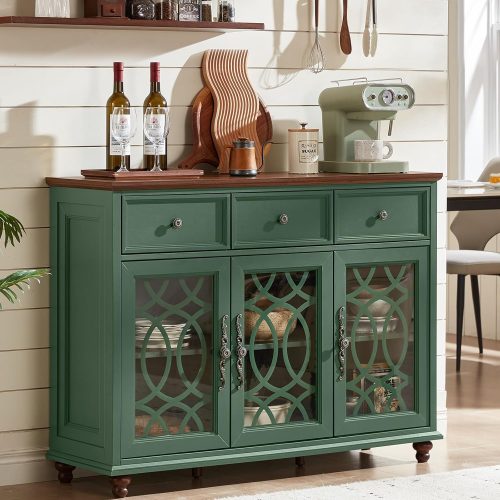 Farmhouse Sideboard Buffet Cabinet with Storage,48" Large Credenza with 3 Glass Doors & 3 Drawers,Adjustable Shelves Console Table,Wood Kitchen Coffee Bar for Dining Room,Living Room,Green