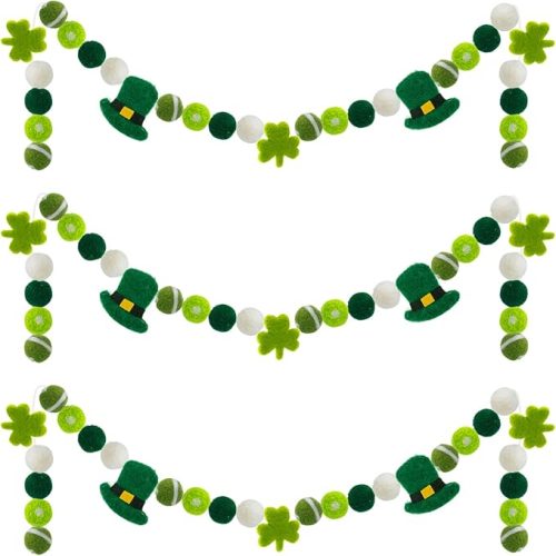 3 Pack St. Patrick's Day Felt Garlands - 6.6 Feet Pom Pom Felt Ball Shamrock Leprechaun Hat Hanging Banners Irish Themed Party Favors for Home Bedroom Living Room Decor