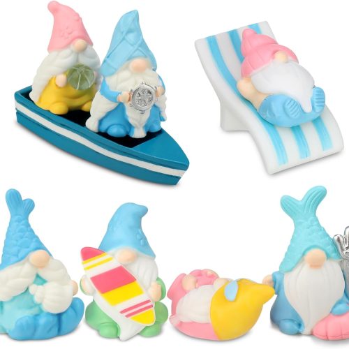1 7Pcs Summer Gnomes Beach Decorations, Mini Resin Gnomes Figurines Set with Boat and Beach Chair, Surfboard Sunglasses Sunbathing Gnome Stuff Decor for Home, Summer Beaches, Swimming Pools