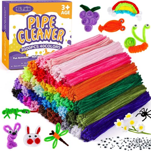 1 3000 Pieces Pipe Cleaners 40 Assorted Colored Chenille Stems with 100 Pieces Wiggle Eyes for Art and Crafts and Valentine's Day Decorations (6 mm x 12 inch)