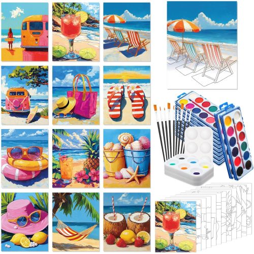 12 Sets Pre Drawn Canvas Kit for Painting Adults Sip and Paint Kit Art Pre Printed Canvas Bulk for Valentine's Day Gifts Adult's Date Night(Hawaii Vacation,8 x 10 in)