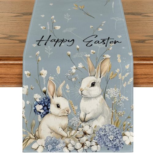 1 Bunny Rabbit Hydrangea Happy Easter Table Runner, Seasonal Spring Kitchen Dining Table Decoration for Home Party Decor 13x36 Inch