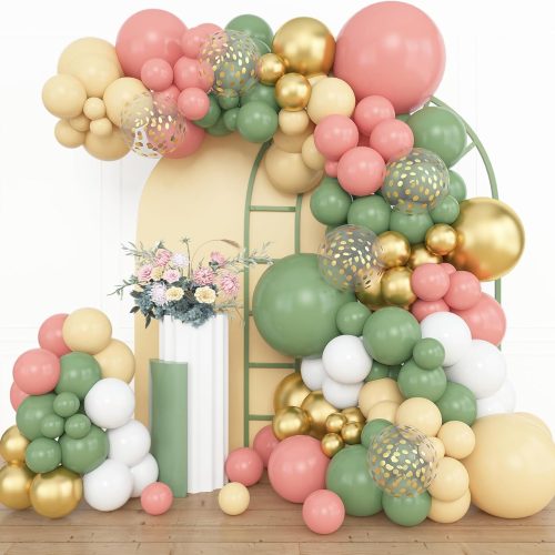 1 153pcs Retro Green Pink Balloon Garland Arch Kit, Different Sizes 18 12 10 5 inch White Dusty Pink Latex Metallic Confetti Balloons for Jungle Safari Birthday Party Baby Shower Decorations