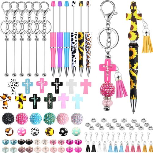 1 12 Pcs Beadable Pens and Beadable Keychain Bars with Colorful Beads Assorted DIY Making Kit Jesus Assorted Beadable Keychain Pendant for Women Student Office Jewelry Craft Gifts