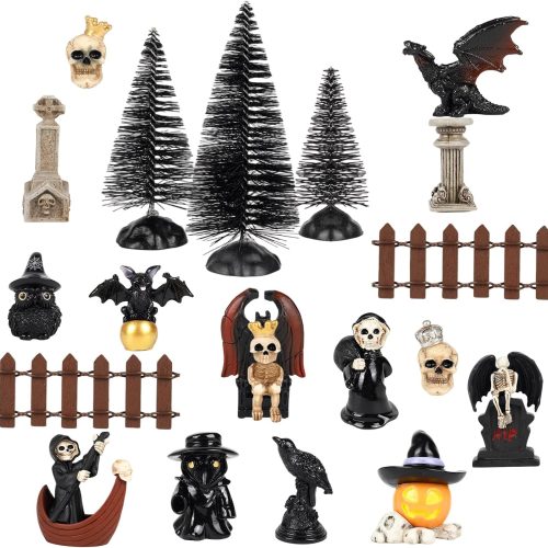 1 20 Pcs Halloween Miniatures Figurines, Mini Resin Skeleton Pumpkin Ghost Crow Bat Dragon Tombstones Tree Decorations for Halloween Village Garden Crafts Home Decor Accessories