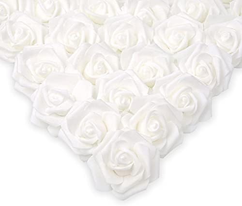 1 100 Pcs Artificial Rose Flower Heads Real Looking White Foam Fake Roses for DIY Wedding Baby Shower Centerpieces Arrangements Party Tables Home Decorations (White 1, Stemless)