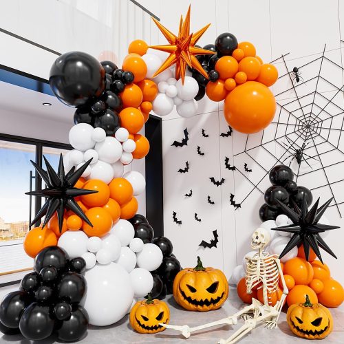 1 Halloween Balloon Garland Arch Kit, 116Pcs Orange and Black Balloon Arch White, Star Foil Balloons 18 12 10 5 Inch Latex Balloons for Halloween Birthday Baby Shower Party Decorations