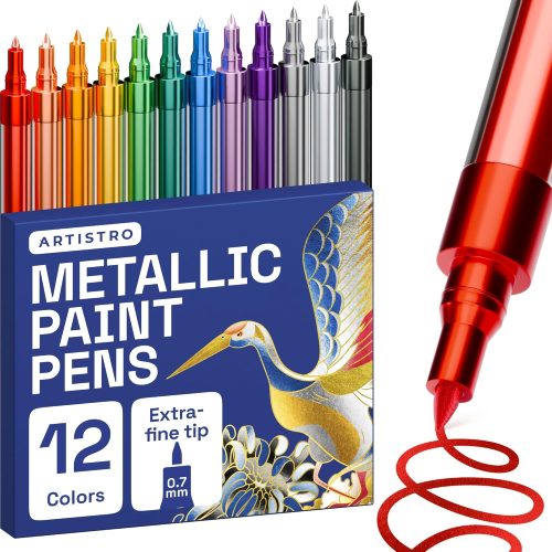 1 12 Metallic Paint Pens for Glass Marking, Rock Painting, Ceramic, Wood, Fabric, Scrapbooking, DIY Craft Making, Coloring - Acrylic Paint Markers Extra-Fine Tip 0.7mm