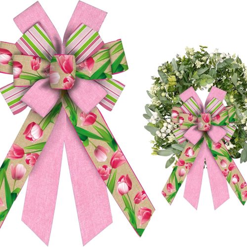 Large Spring Bows for Wreaths, Spring Wreath Bows, Pink Tulip Bows for Front Door, Spring Decor, Spring Flower Burlap Bows for Spring Wreath Indoor Outdoor Decoration