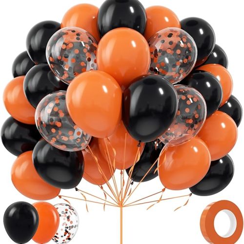 Black and Orange Balloons, 70Pcs 12inch Black Orange Latex Balloon and Confetti Balloons for Halloween Celebration Trick or Treat Party Spooky Ghost Party Bar Anniversary Graduation Decoration