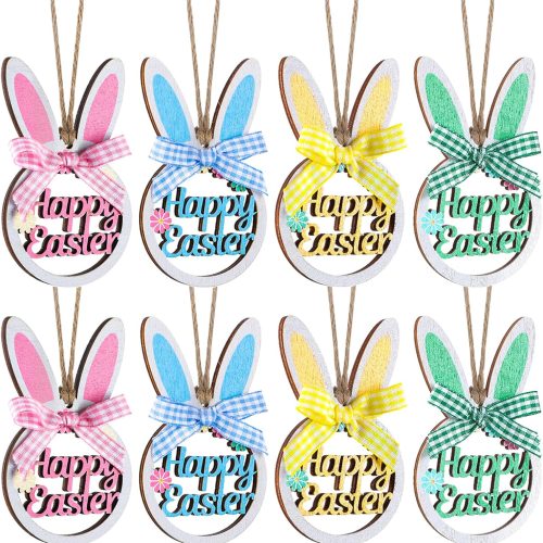 8 Pieces Easter Rabbit Tree Ornament Wooden Hanging Bunny Ornaments with Plaid Bow and Rope Wood Hollowed Out Easter Ornaments Cute Spring Hanging Decorative for Home Garden Decor (Cute)
