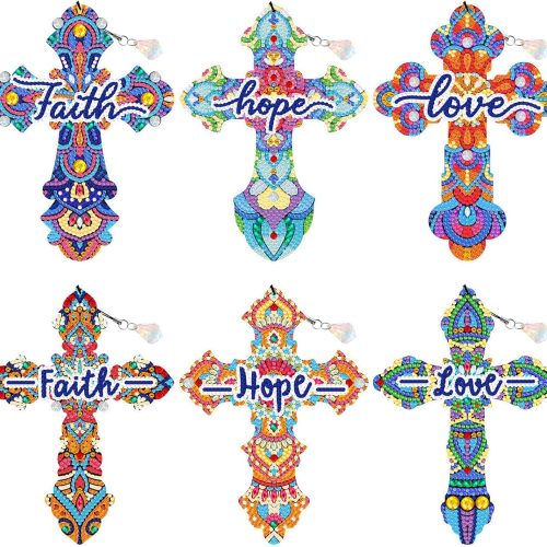 6-Piece Cross Diamond Art Painting Bookmark Kits for Kids & Adults - Tassel, Crystal Acrylic Diamond Art - Faith, Love, Hope Cross Bookmarks for Home, Office, School & DIY Crafts Lovers