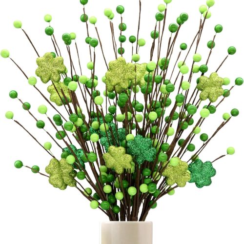 6 Pack Shamrock Berry Stems Decor, 24Inch Artificial Clover Stems for St. Patrick's Day Decorations, Festive Greenery St Patrick Berry Picks for Table Centerpieces and DIY Irish Holiday Crafts