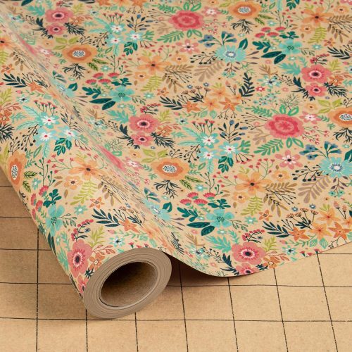 Colorful Floral Kraft Wrapping Paper Roll - 17Inch x 33Feet - Garden Boho Floral Gift Wrap Paper Spring Summer Blooms Sheet for Wedding, Bridal Shower, Birthday and Engagement