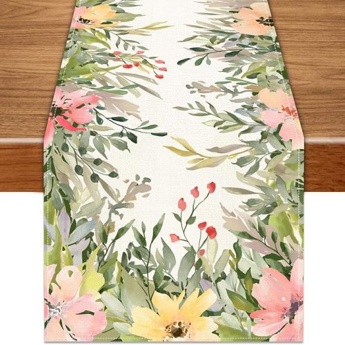 Linen Watercolor Flowers Spring Table Runner 13x72 Inch, Seasonal Floral Holiday Kitchen Dining Room Tabletop Runners for Home Indoor Mantel Party Farmhouse Decoration