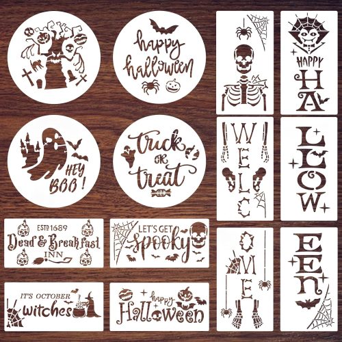 14 Pcs Halloween Stencils for Painting on Wood, Halloween Porch Painting Template, Large Happy Halloween and Welcome Templates for Porch Sign Door Hanger Holiday Decor ﻿