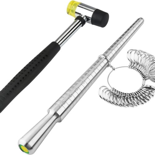 Rould Ring Mandrel Metal Ring Sizer Gauge Set with Jewelers Rubber Mallet Hammer Ring Measurement Tool Finger Sizing Size Measuring US Sizes 0-13 Steel Jewelry Making Tools