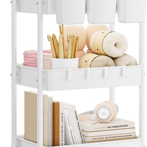 Metal 3 Tier Rolling Cart - Heavy Duty Utility Cart with Lockable Wheels, Hanging Cups, Hooks, Mesh Rolling Storage Cart Craft Cart Organizer, Lightweight and Sturdy, White
