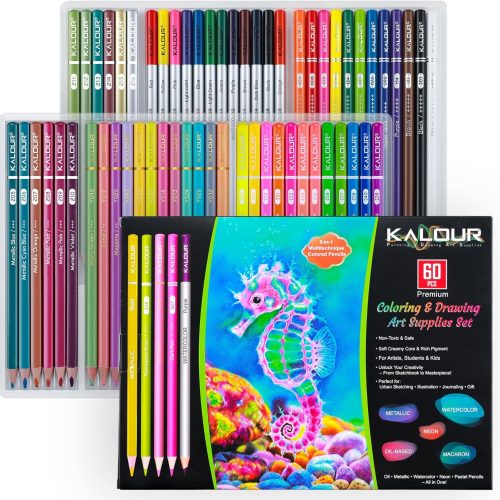 60 Art Drawing Pencils Set,Including Oil-Based, Metallic, Watercolor, Neon, Macaron Pastel Colored Pencils.Ideal for Sketching, Coloring & DIY Crafts,Gift for Adults Kids Artists Beginner