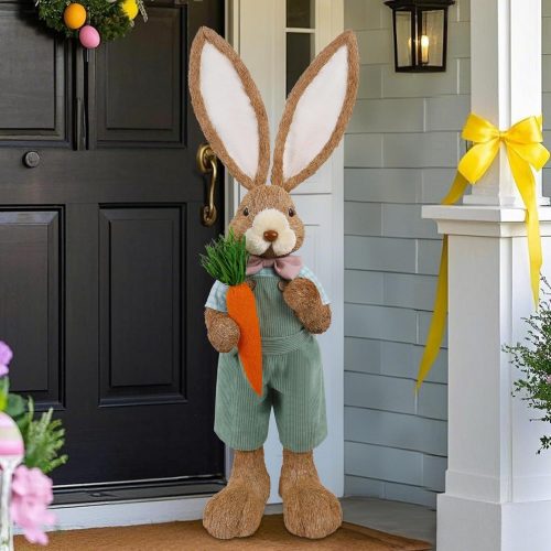 Easter Bunny Decor, 2.7 FT Large Sisal Rabbit Outdoor Decorations with Flowers for Porch, Tall Standing Easter Bunnies Statue Topiary for Home Indoor Farmhouse Spring Decor
