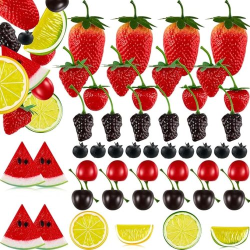 50 Pieces Fake Fruit Artificial Plastic Fruit, 14 Fake Strawberries, 12 Fake Cherries, 6 Fake Mulberries, 4 Fake Watermelon Slices, 10 Fake Blueberries, 4 Fake Lemon Slices for Christmas Decor