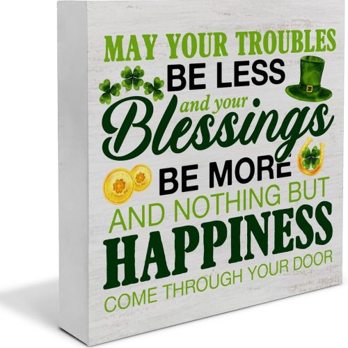 St. Patricks Day Decor, Rustic Irish Blessings Decorations May Your Troubles Be Less Wood Block Sign Home Tabletop Shelf Desk Decor, St Patricks Day Decorations, 5 X 5 Inches