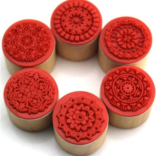 4 6 Pieces Floral Pattern Round Wooden Rubber Stamp for Scrapbooking