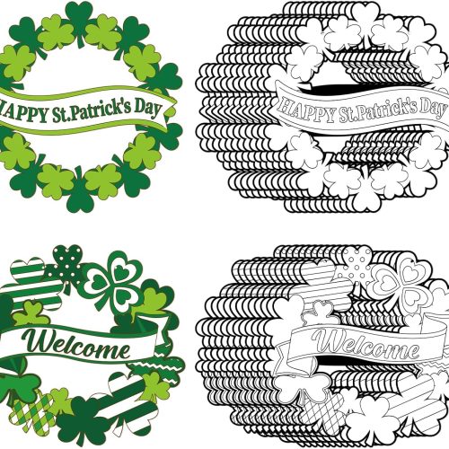 24 Pcs St. Patrick's Day Coloring Wreath Crafts, Color Your Own Shamrock Crafts, DIY Paper Lucky Clover Wreath for Irish Holiday Party Activities Games. (Shamrock.24)