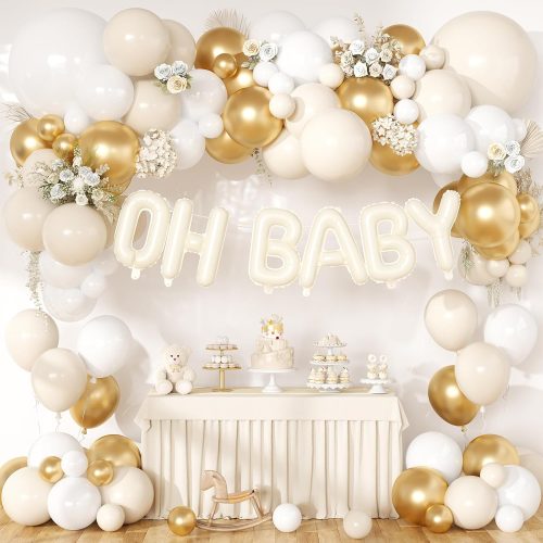 White Sand Gold Balloons Garland Arch Kit,Baby Shower Decorations Boy Girl with Oh Baby Balloon Banner for Boho Neutral Oh Baby Shower Birthday Gender Reveal Party Decoration