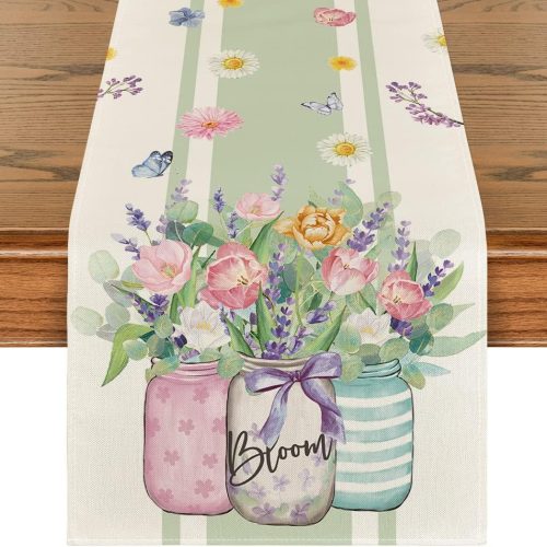 Vase Bloom Tulip Lavender Summer Table Runner, Seasonal Spring Kitchen Dining Table Decoration for Home Party Decor 13x72 Inch