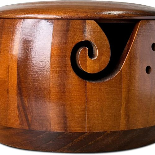 Yarn Bowl Knitting 7x5.1in Large Wood Knitting Bowl with Lid for Yarn skeins Round Wooden Bowl with Carved Holes Crochet Hook Rests