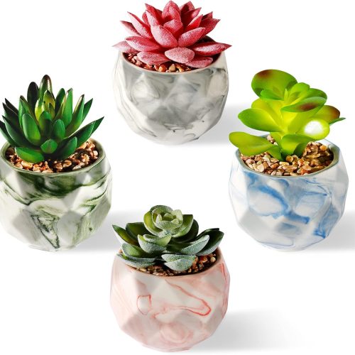 Succulents Plants Artificial - Upgraded Mini Potted Fake Succulent Plants for Home Office Desk Plant Decor, Assorted Small Faux Succulents in Rhombus Colored Marbled Ceramic Pots (Set of 4)
