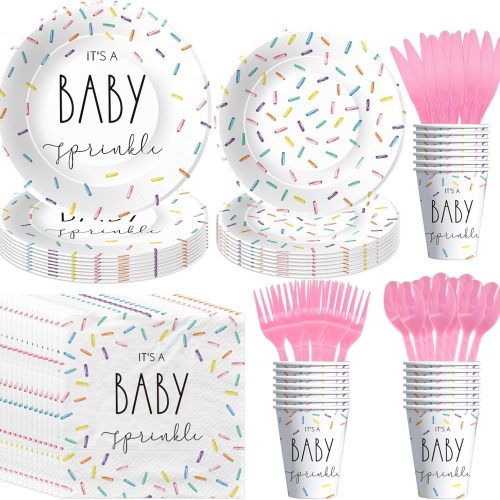 Sprinkle Baby Shower Decorations Tableware, IT'S A Baby Sprinkle Party Decorations, Paper Plate, Cup, Napkin, Cutlery, Rainbow Confetti Sprinkle Baby Shower Party Supplies, Serves 24