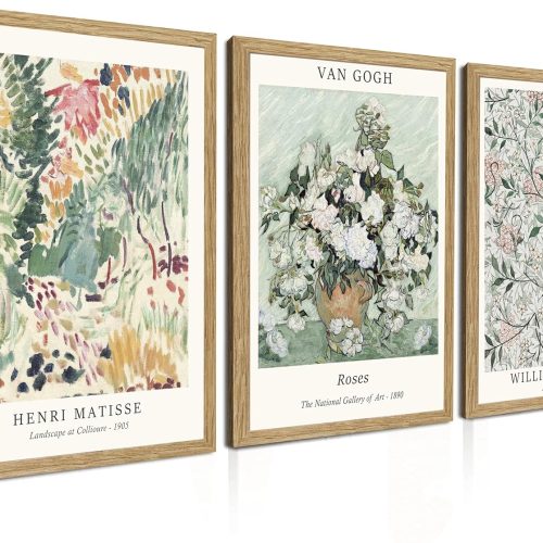 4 Framed Sage Green Vintage Wall Art Canvas Decor Set of 3, Matisse Wall Art Prints Posters Mid Century Modern Art, Van Gogh Floral Botanical wall art, bathroom, bedroom, living room 12x16