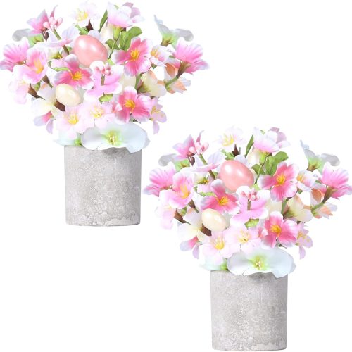Easter Decorations, 2PCS Artificial Easter Pink Flower Egg Potted Table Decorations, for Home Farmhouse Fireplace Holiday Spring Party Decor.