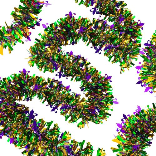4 33Ft Mardi Gras Tinsel Garland, Glitter Tinsel Garland for Mardi Gras Tree Decorations, Purple Green Gold Metallic Fluffy Hanging Party Ornaments for Mantle/Ceiling/Stairs/Porch Outdoor Decor