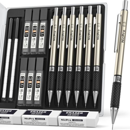 0.5 mm Art Mechanical Pencils Set in Case, 6 PCS Metal Drafting Pencil Lead Pencil 0.5mm with 6 Tube HB Lead Refills, 3 Erasers, 18 PCS Eraser Refills for Artist Writing, Drawing, Sketching