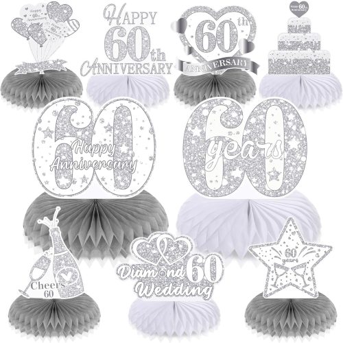 9Pcs 60th Wedding Anniversary Decorations 60th Diamond Wedding Anniversary Honeycomb Centerpiece Diamond Wedding Anniversary Table Toppers Centerpiece Decorations