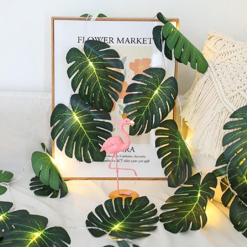 20 LED Palm Leaves String Lights, Tropical Artificial Monstera Leaf Wall Hanging Vine for Hawaiian Luau Party Jungle Theme Beach Birthday Home Decorations