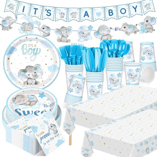 405 Pcs Blue Elephant Theme Baby Shower Tableware It's a Boy Set Baby Shower Supplies a Little Peanut Is on The Plates and Napkins Elephant Decoration Include Tablecloth Banner Cups for 50 Guests