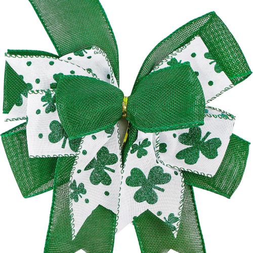 Clover Patrick's Day Wreath Bow Green Shamrock Irish Holiday DIY Crafts Gift Ribbon Bow Ornaments for St. Patrick's Day (9.5 x 13 inch)