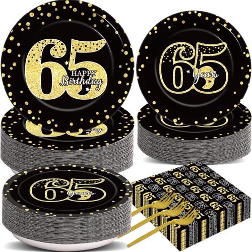 200Pcs 65th Birthday Party Supplies Happy 65th Birthday Gold Black Tableware Dinnerware Set 65 Years Old Plates and Napkins for Women Men Party Decorations 65 Years Old Cake Plates Favor for 50 Guests