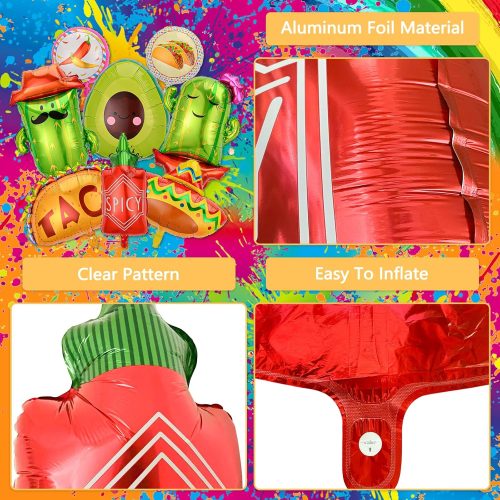 8 Pcs Fiesta Balloons Mexican Taco Cactus Avocado Sombrero Llama Spicy Bottle Foil Balloons Cinco De Mayo Fiesta Party Decorations