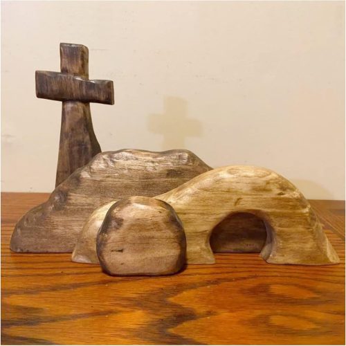 Empty Tomb Easter Scene and Cross Decoration, Jesus Tomb Tray Bundle Kit, Wooden Easter Jesus Sign Tiered Tray Decorations for Religious Home Office Tabletop Christian Gifts (Wood - A)