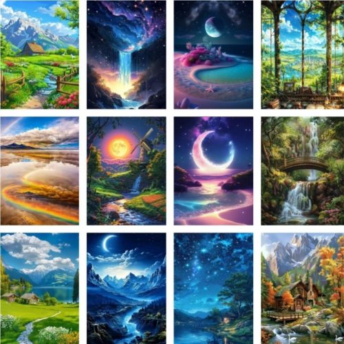 12 Pack Landscape Filed Moon Diamond Painting Set for Home Wall Decor, Starry Sky Diamond Painting Kits for Adults,Natural Scenery 5D DIY Craft Kit with Diamonds