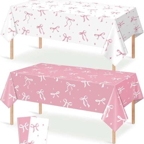 2Pcs Coquette Party Tablecloths Decorations,Pink and White Bow Plastic Table Cover Disposable Rectangle Table Cloth for Girls Birthday Bridal Wedding Baby Shower Party Supplies,54x108 Inch