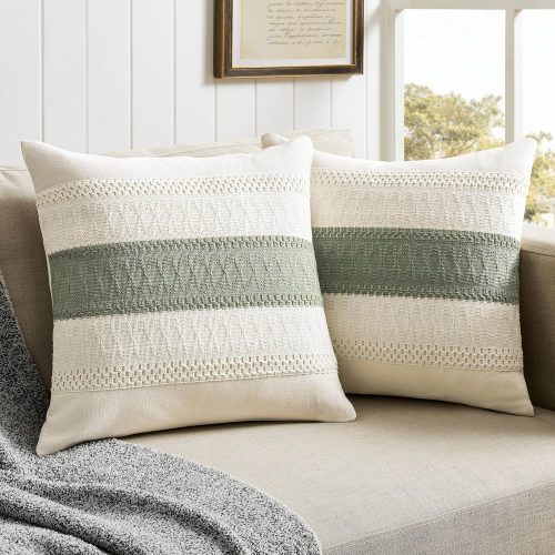 4 2 Packs Cotton Boho Throw Pillow Covers 18x18 Inch Contrast Green, Soft Farmhouse Decorative Couch Pillow Cases Sage Green Cushion Covers for Sofa Bed Living Room Home Decor