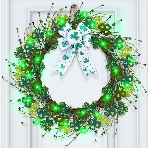 St. Patrick's Day Decorations, 16in St. Patrick's Day Wreath for Front Door, Lighted Shamrock Clover Wreath with Bow & LED Lights, Waterproof Artificial Spring Decor for Home Porch Wall