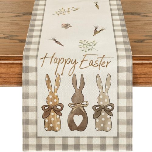 4 Buffalo Plaid Bunny Happy Easter Table Runner, Seasonal Spring Kitchen Dining Table Decoration for Home Party Decor 13x72 Inch