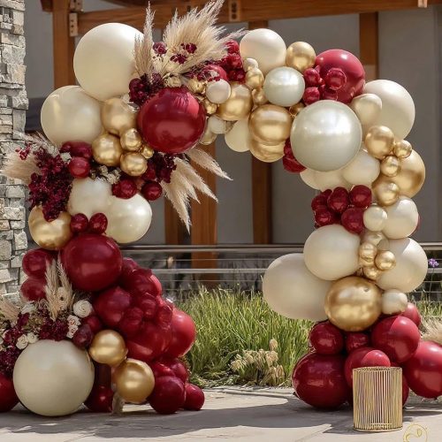 Burgundy Gold Balloons Garland Double Stuffed Wine Red Sand White Metallic Gold Latex Balloons Arch Kit for Valentine Bridal Wedding Anniversary Baby Shower Birthday Party Decorations